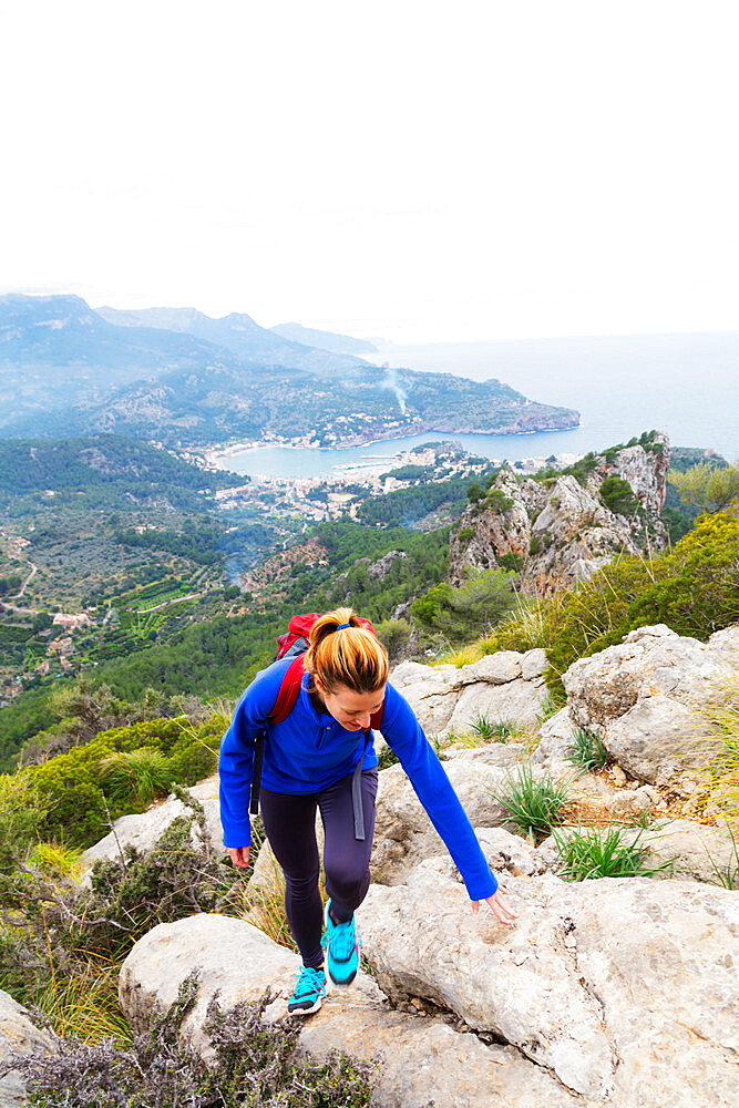 Serra de Tramuntura, hiker on a trail above Soller, Majorca, Balearic Islands, Spain, Mediterranean, Europe