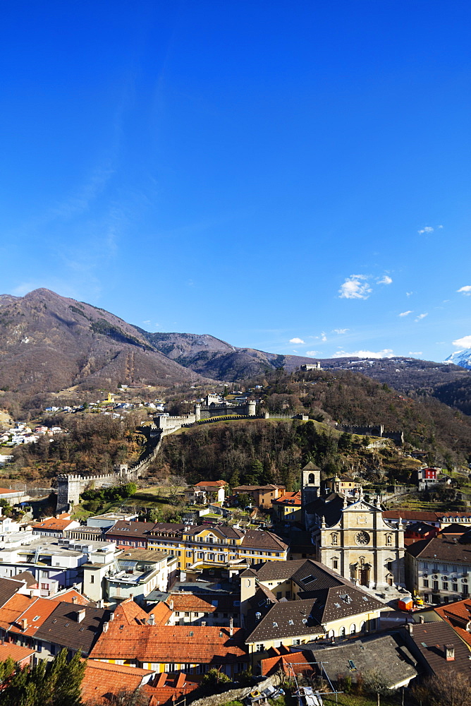 Castelgrande and La Collegiata church of St. Peter and Stephan, UNESCO World Heritage Site, Bellinzona, Ticino, Switzerland, Europe