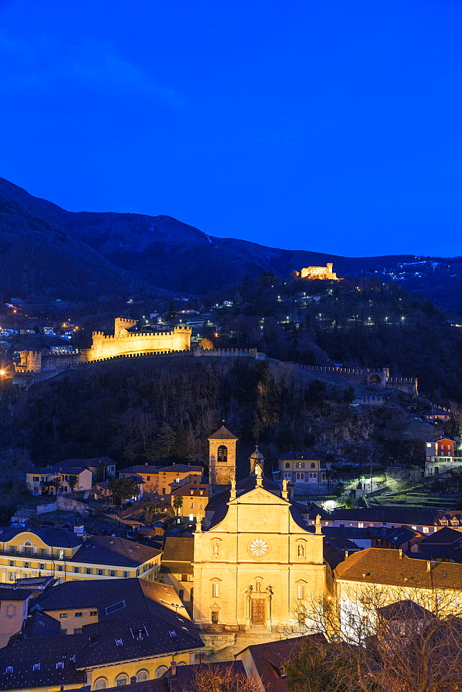 Castelgrande and La Collegiata church of St. Peter and Stephan, UNESCO World Heritage Site, Bellinzona, Ticino, Switzerland, Europe