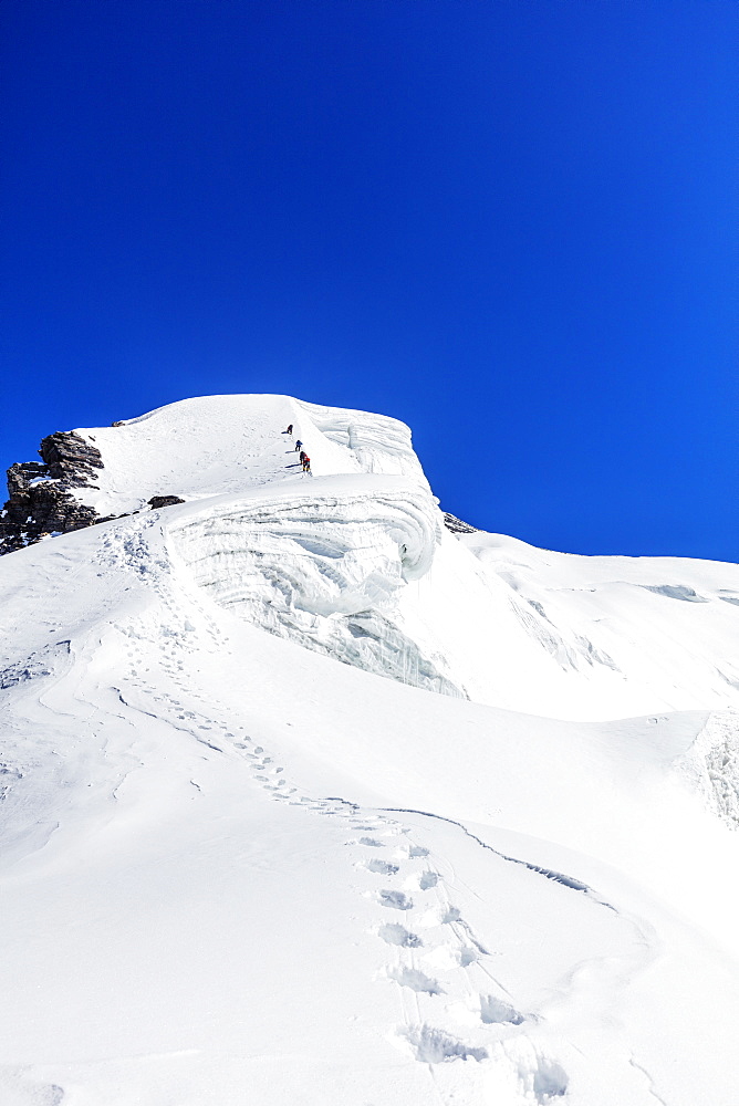 Climbers on summit ridge of Peak Korzhenevskaya, 7105m, Tajik National Park (Mountains of the Pamirs), UNESCO World Heritage Site, Tajikistan, Central Asia, Asia