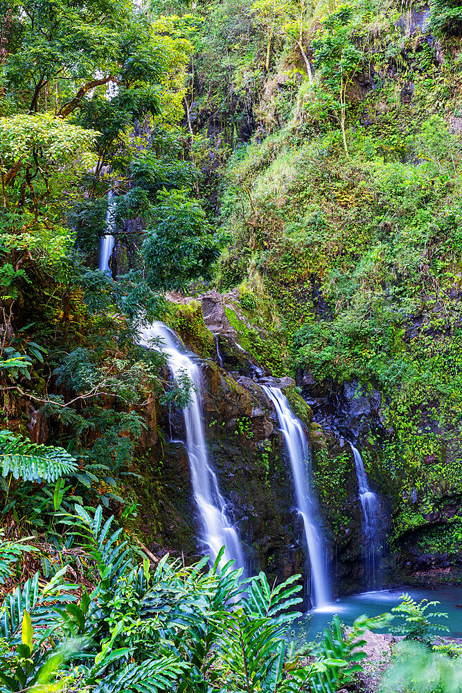 Three Bears falls, waterfall on the road to Hana, Maui Island, Hawaii, United States of America, North America