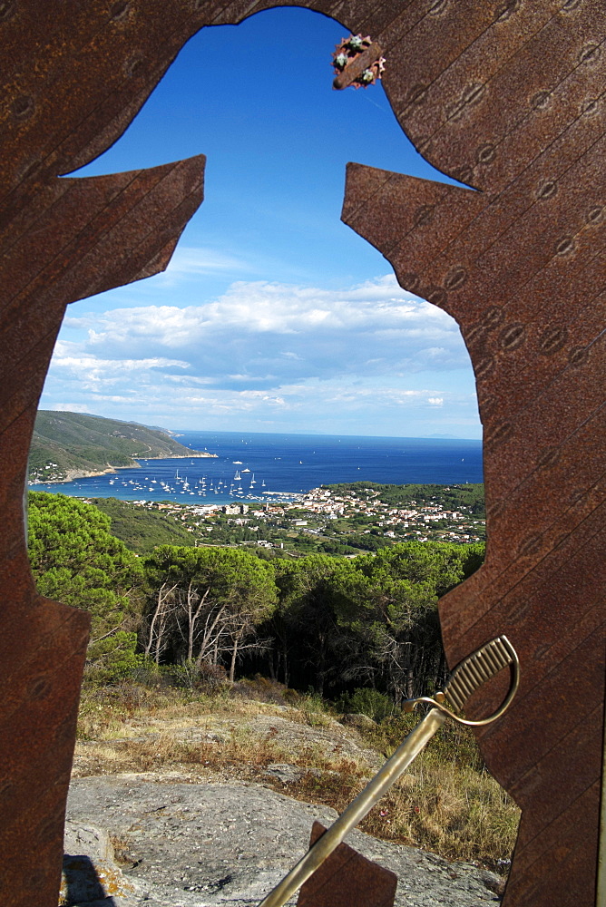 Marina di Campo seen thorough the Napoleon silhouette, Elba Island, Tuscany, Italy, Europe