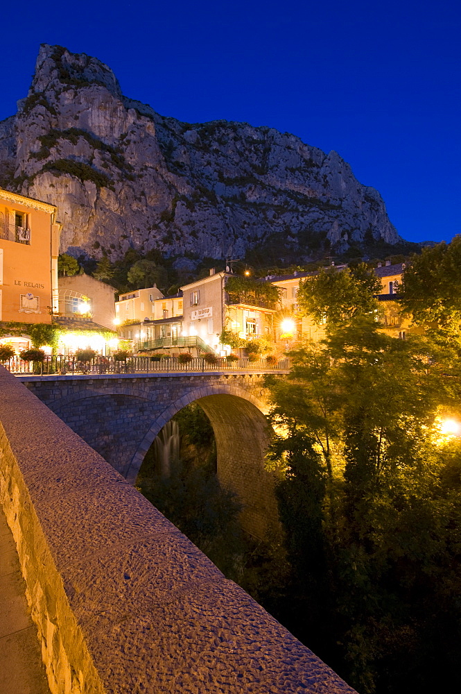 Moustiers-Sainte-Marie at dusk, Alpes-de-Haute-Provence, Provence, France, Europe