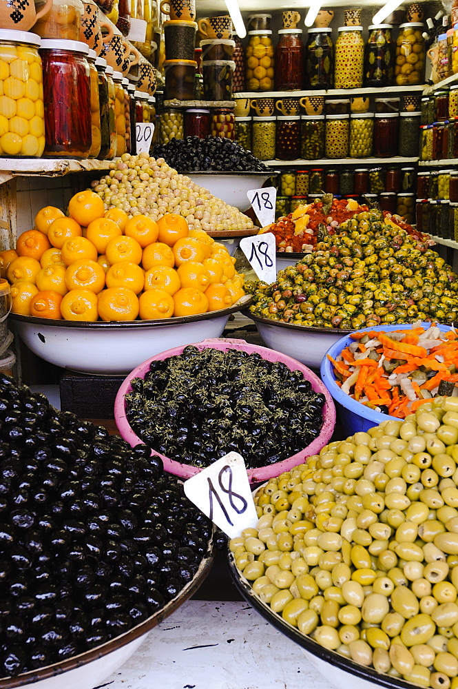 Olive stall, Medina Souk, Marrakech, Morocco, North Africa, Africa