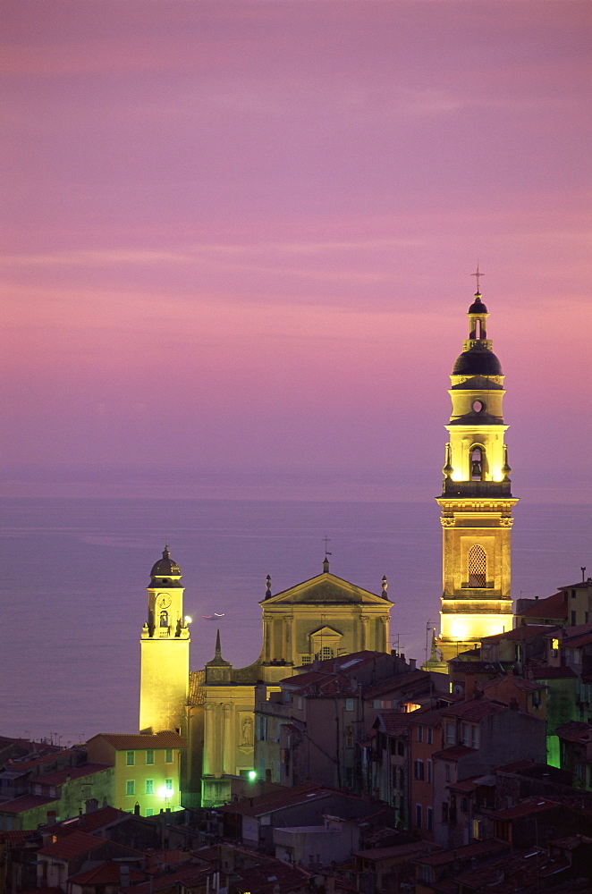 Christian church of St. Michel at dusk, Menton, Alpes Maritimes, Provence, Cote d'Azur, French Riviera, France, Europe