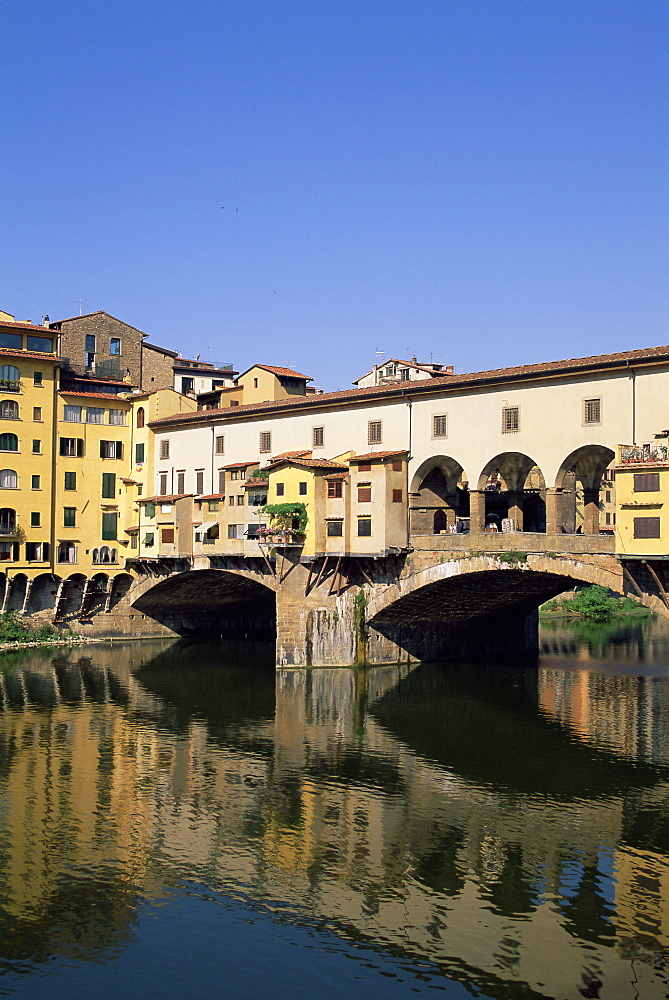 Ponte Vecchio reflected in the water of the Arno River, Florence, UNESCO World Heritage site, Tuscany, Italy, Europe