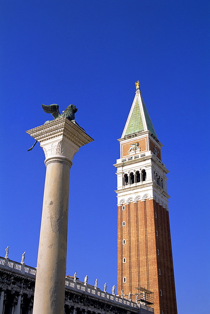 San Marco column and San Marco campanile (St. Mark's bell tower), Venice, UNESCO World Heritage Site, Veneto, Italy, Europe