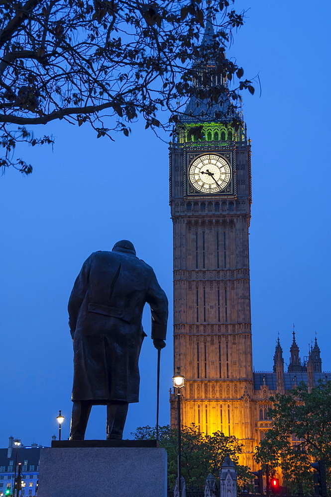 Sir Winston Churchill statue and Big Ben, Parliament Square, Westminster, London, England, United Kingdom, Europe