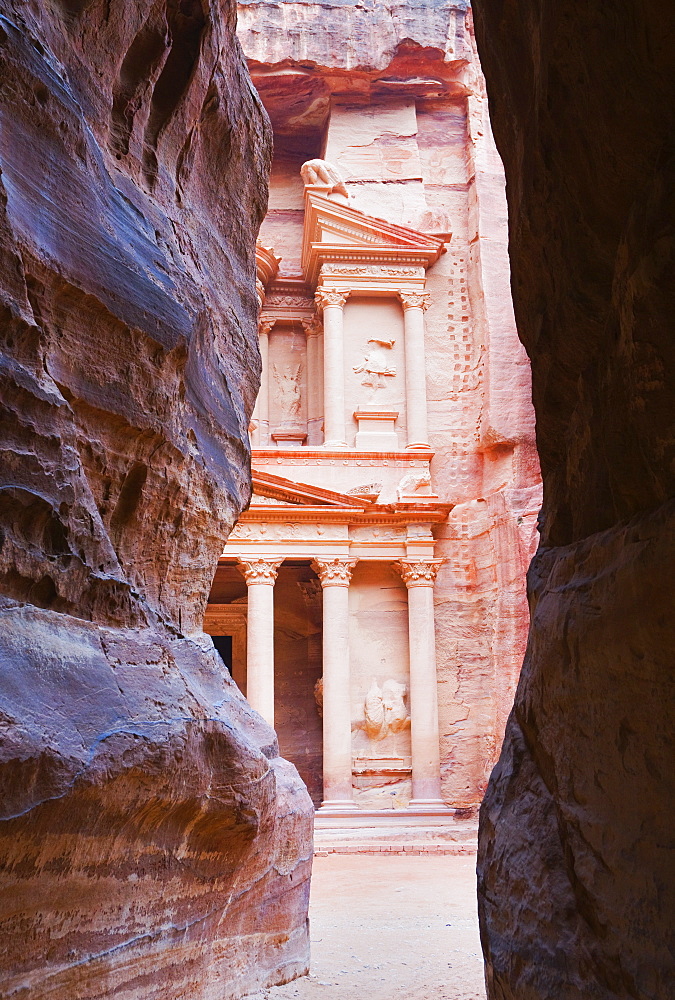 The Treasury seen from the Siq gorge, Petra, UNESCO World Heritage Site, Jordan, Middle East