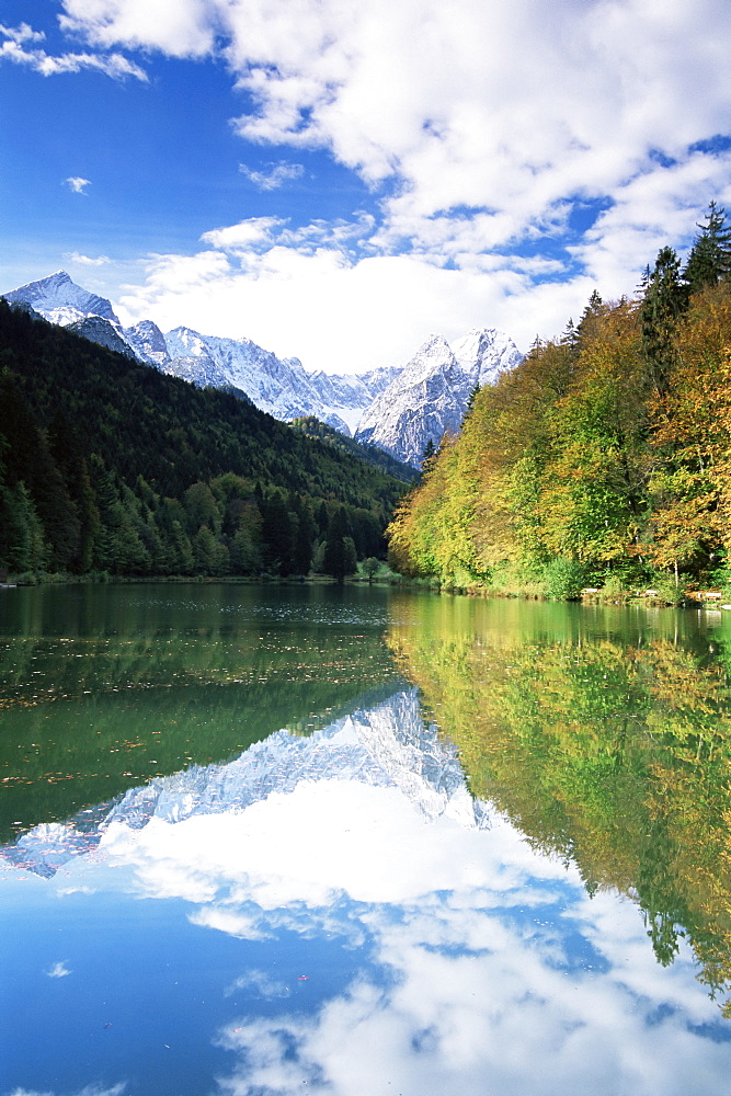 Reflections in Riessersee of Wetterstein Mountains, Garmisch-Partenkirchen, German Alps, Germany, Europe