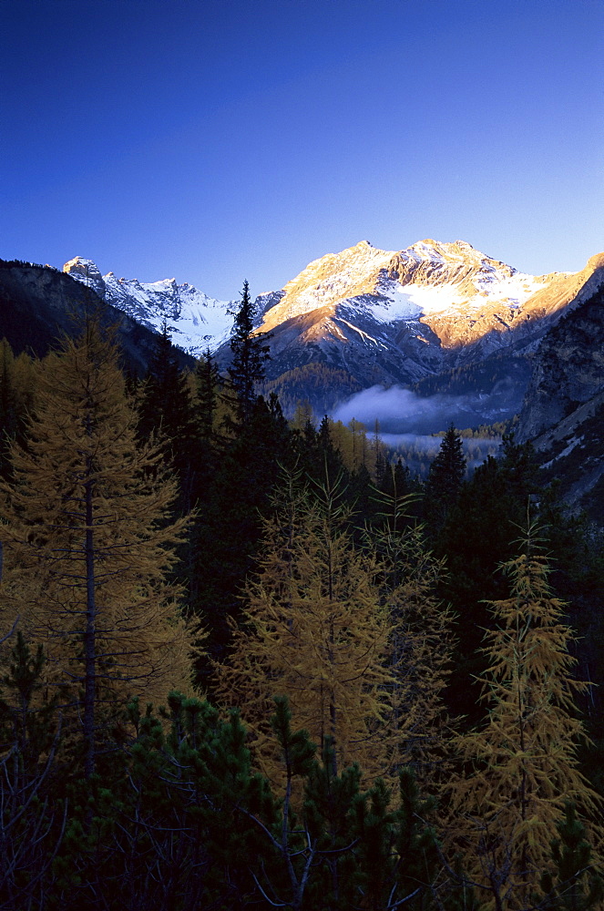 Piz Terza at sunrise, in autumn, Swiss National Park, Engadin, Graubunden canton, Switzerland, Europe