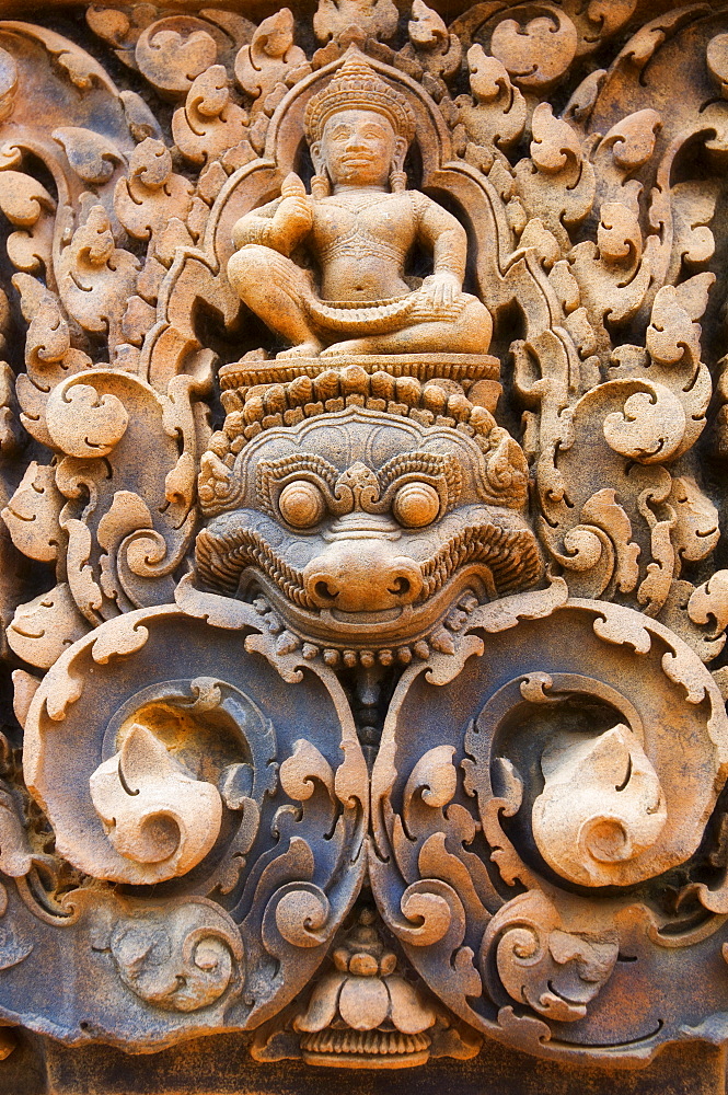 Detail of stone carvings, Banteay Srei, Angkor, UNESCO World Heritage Site, Siem Reap, Cambodia, Indochina, Southeast Asia, Asia