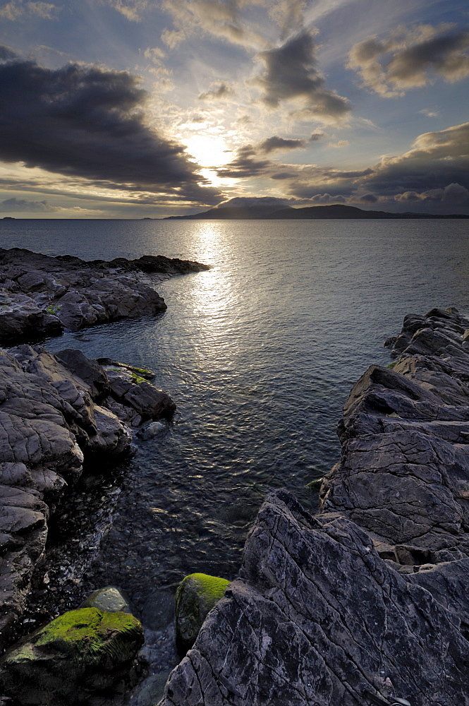 Clew Bay at dusk looking towards Clare Island, County Mayo, Connacht, Republic of Ireland (Eire), Europe