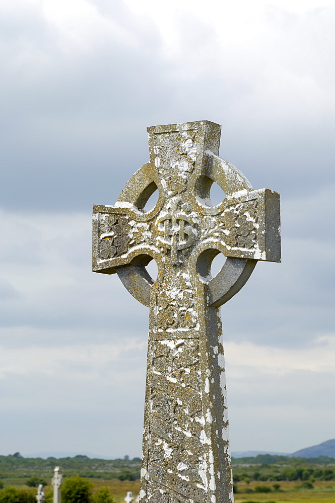 Celtic style cross in graveyard, Kilmacdaugh churches and Round Tower, near Gort, County Galway, Connacht, Republic of Ireland (Eire), Europe