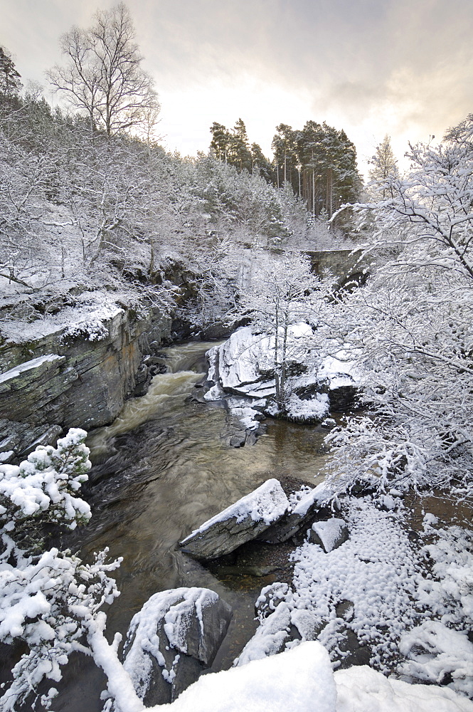 River Tromie in winter snow, Drumguish near Kingussie, Highlands, Scotland, United Kingdom, Europe