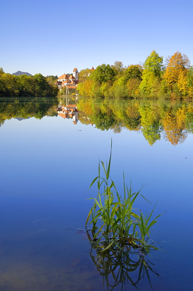 St. Mang Monastery and Basilica reflected in the river Lech, Fussen, Bavaria (Bayern), Germany, Europe