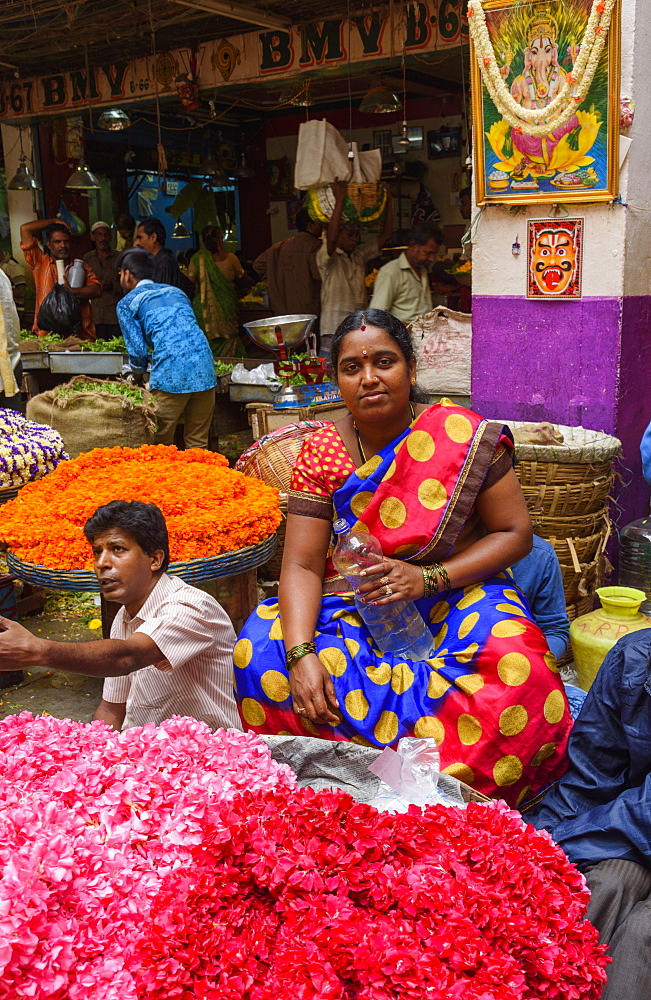 Flower stall at K. R. Market in Banaglore, Karnataka, India, Asia