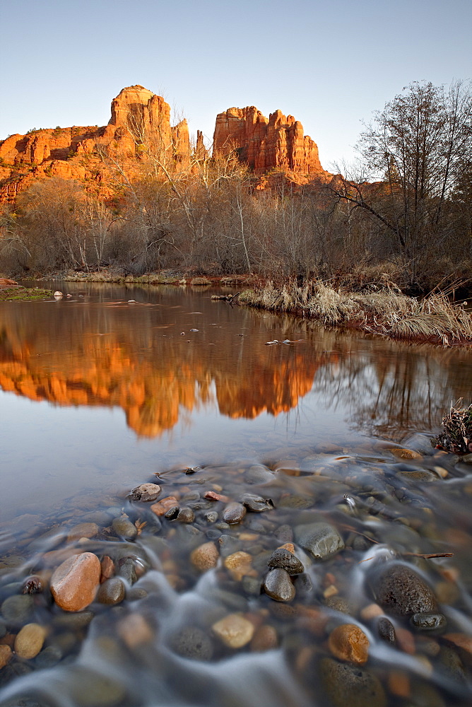 Cathedral Rock reflected in Oak Creek, Crescent Moon Picnic Area, Coconino National Forest, Arizona, United States of America, North America