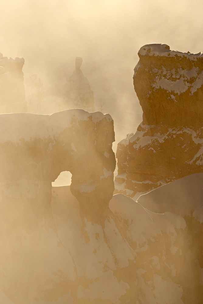 Foggy sunrise at Sunrise Point with snow, Bryce Canyon National Park, Utah, United States of America. North America