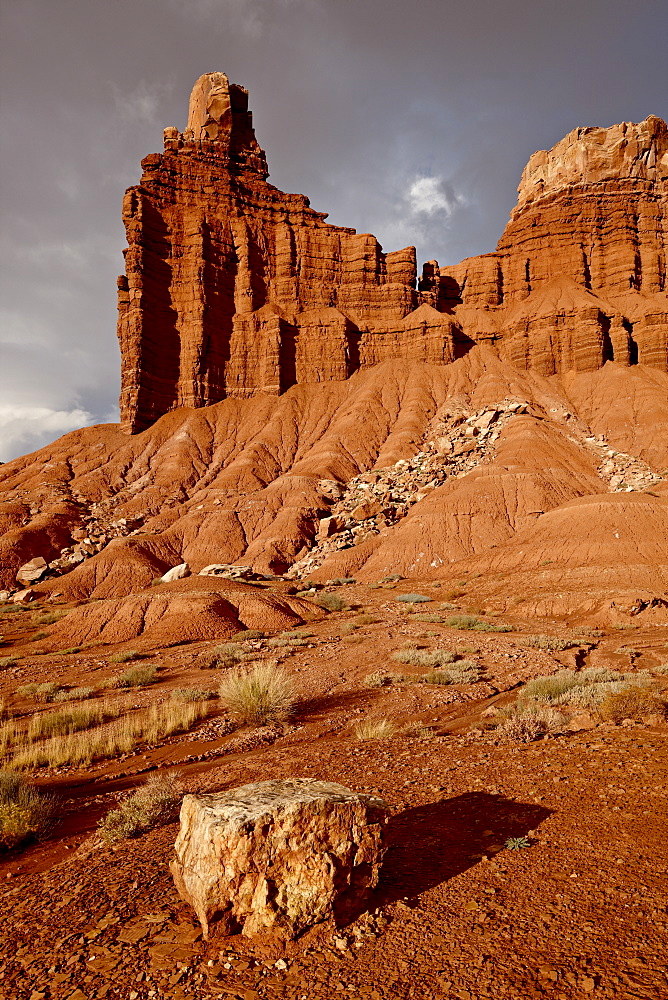 Chimney Rock with storm clouds, Capitol Reef National Park, Utah, United States of America, North America