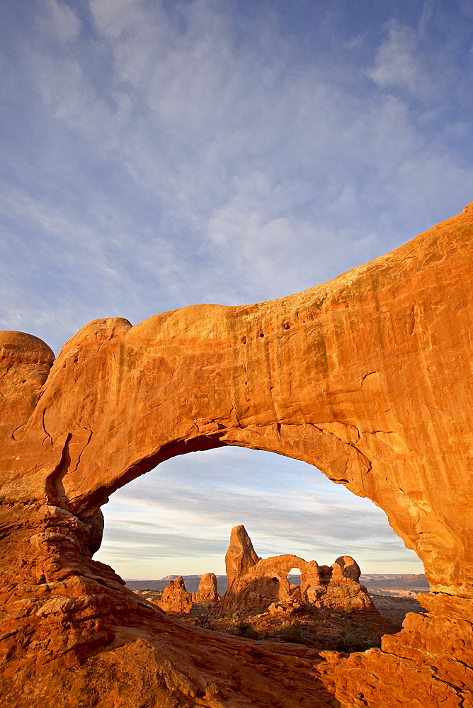 Turret Arch through North Window at dawn, Arches National Park, Utah, United States of America, North America