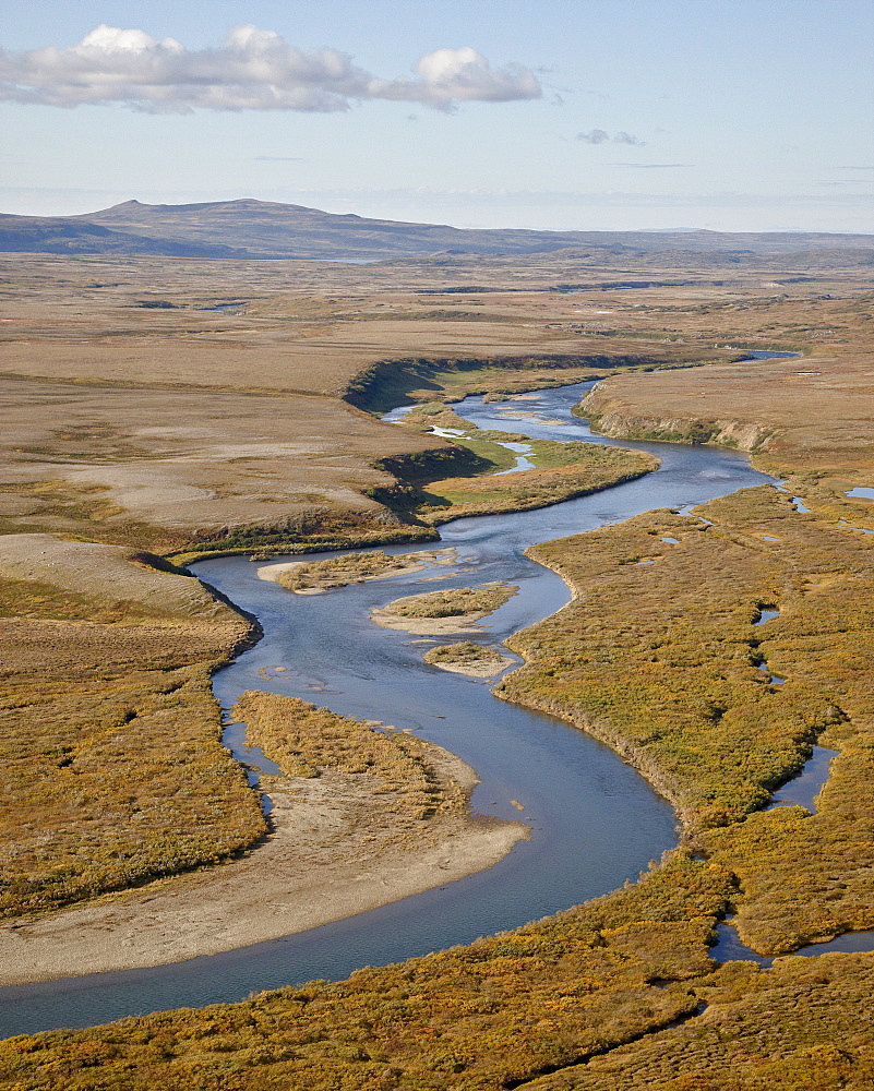 River and sandbars through the tundra in the fall, Katmai Peninsula, Alaska, United States of America, North America