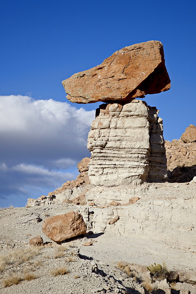 Balanced rock in Plaza Blanca Badlands (The Sierra Negra Badlands), New Mexico, United States of America, North America