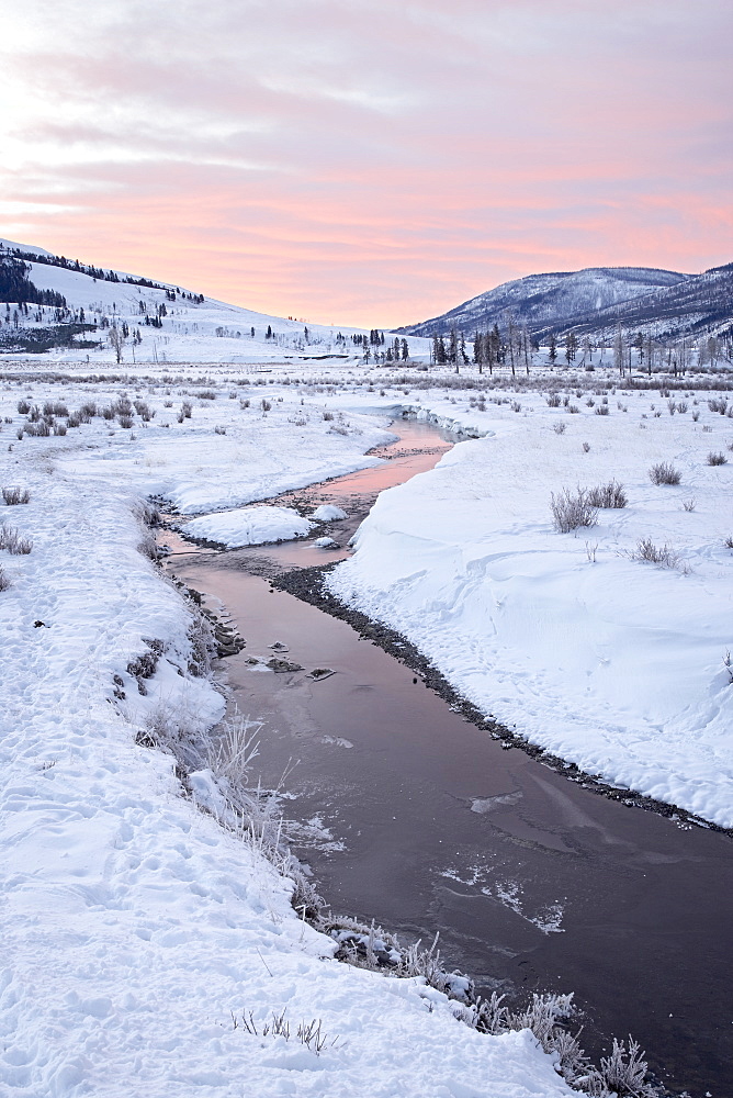 Soda Butte Creek at dawn with snow, Yellowstone National Park, UNESCO World Heritage Site, Wyoming, United States of America, North America