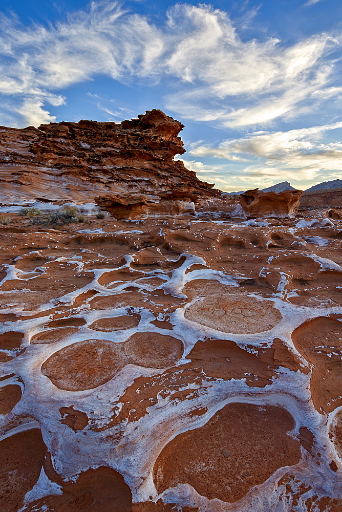 Red sandstone covered with salt, Gold Butte, Nevada, United States of America, North America