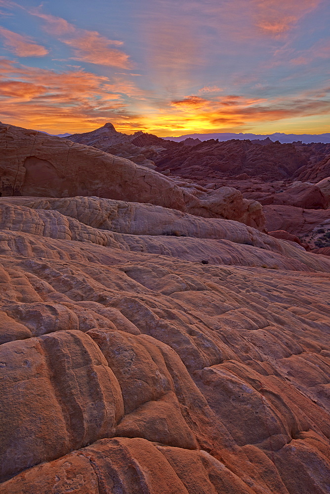 Fiery sunrise above sandstone formations, Valley of Fire State Park, Nevada, United States of America, North America