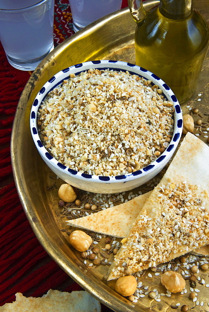 Dukkah (dokka), dry mixture of chopped nuts, seeds and arabic spices and flavors, Egypt, North Africa, Africa