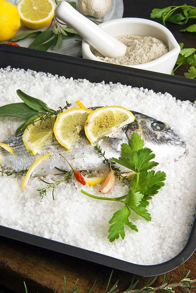 Preparing gilthead bream in salt coating