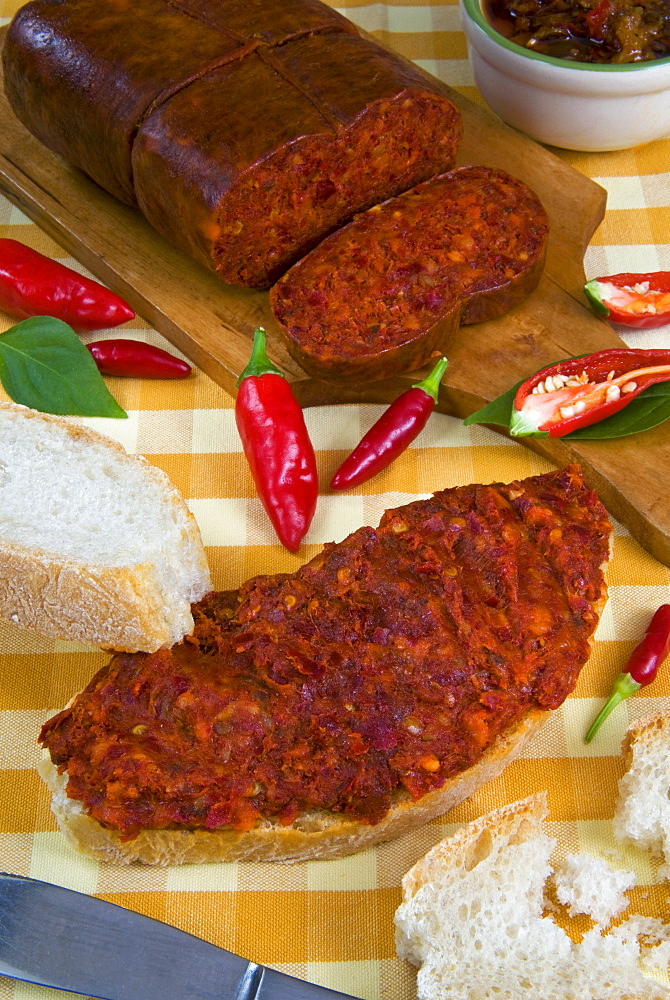 Hot calabrian soft salami (Nduia), Calabria, Italy, Europe