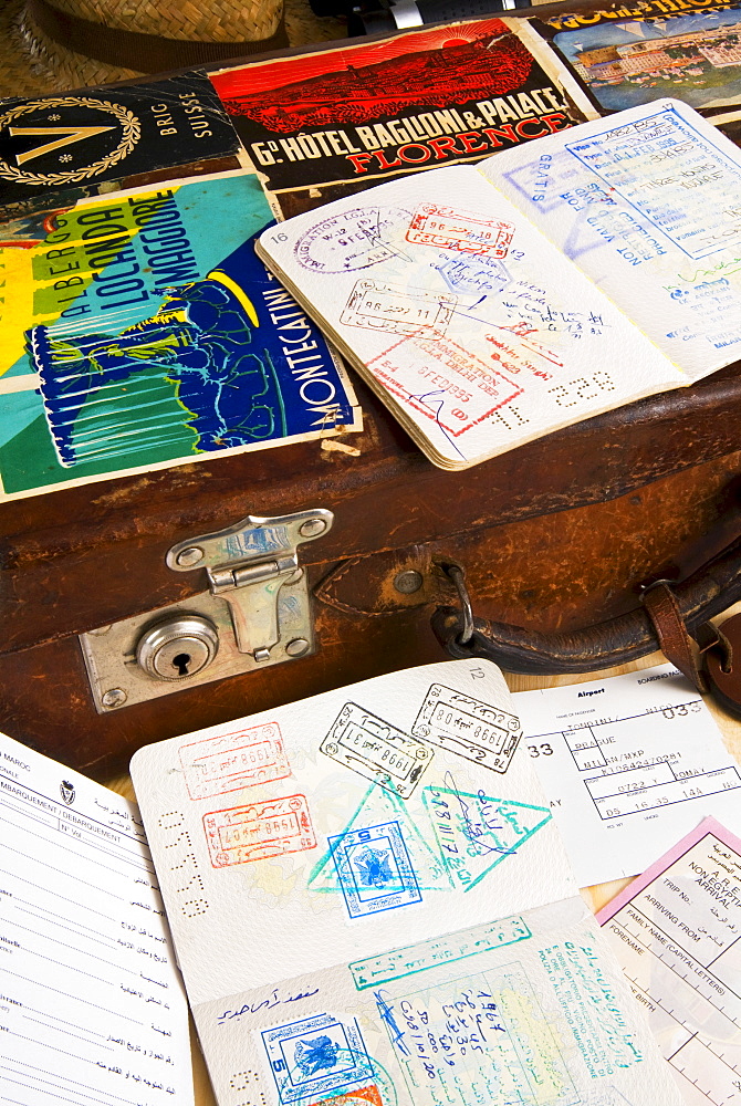 Passport, boarding pass, travel documents and luggage