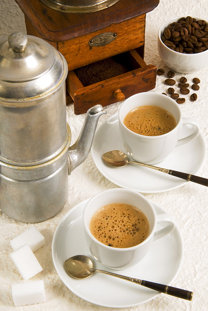 Neapolitan coffee, Neapolitan coffee machine and coffee grinder, Naples, Campania, Italy, Europe