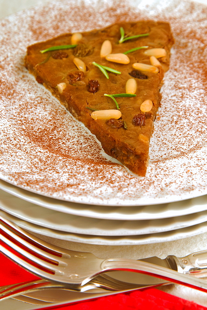 Castagnaccio, pie of chestnut flour with raisins, rosemary and pine nuts, Tuscany, Italy, Europe