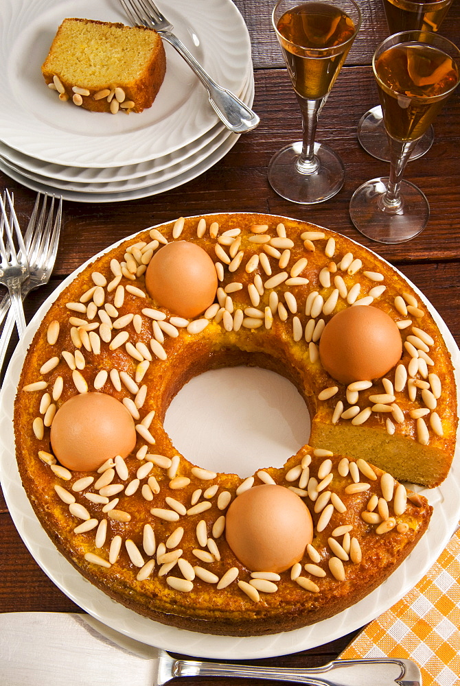 Ciambella marchigiana, a ring cake with pinenut filling and eggs, a traditional Italian cake for Easter, Marche, Italy, Europe