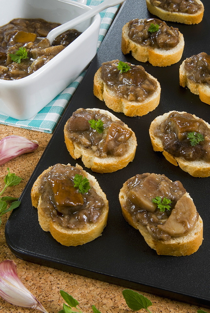 Crostini with cep mushroom (Boletus edulis), Italy, Europe