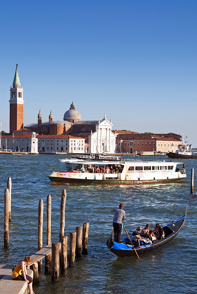 Quay at St. Mark's Square with gondolas, San Giorgio Maggiore Island, Venice, UNESCO World Heritage Site, Veneto, Italy, Europe