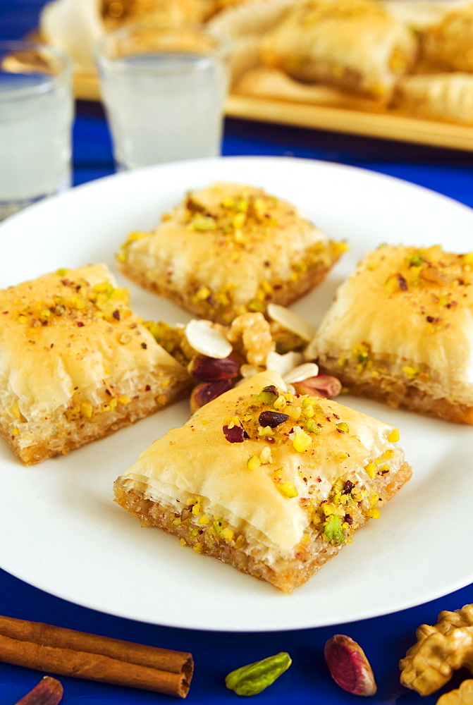 Baklava, filo pastry with honey and pistachios, Greece, Europe