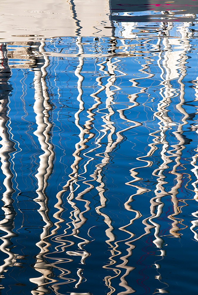 Boat reflections at the Vieux Port, Marseille, Bouches du Rhone, Provence-Alpes-Cote-d'Azur, France, Mediterranean, Europe