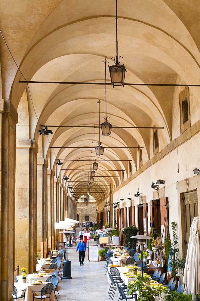 Restaurants at Loggia of Vasari, Piazza Vasari or Piazza Grande, Arezzo, Tuscany, Italy, Europe