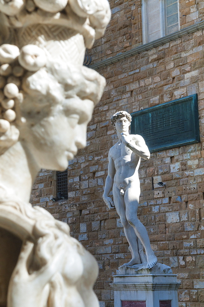 Pedestal of Perseus, The David, by Michelangelo, Piazza Signoria, Florence (Firenze), UNESCO World Heritage Site, Tuscany, Italy, Europe