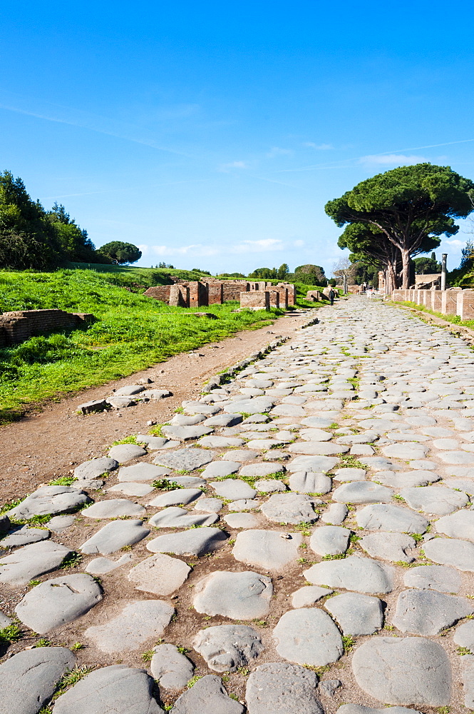 Decumanus maximus, Ostia Antica archaeological site, Ostia, Rome province, Lazio, Italy, Europe