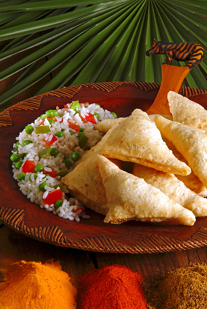 Samosas and pilau rice, Kenyan food, Kenya, East Africa, Africa