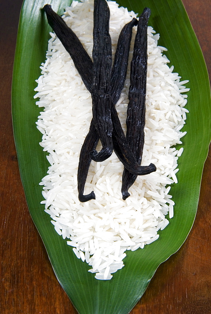 Madagascan food, rice and vanilla pods, Madagascar, Africa