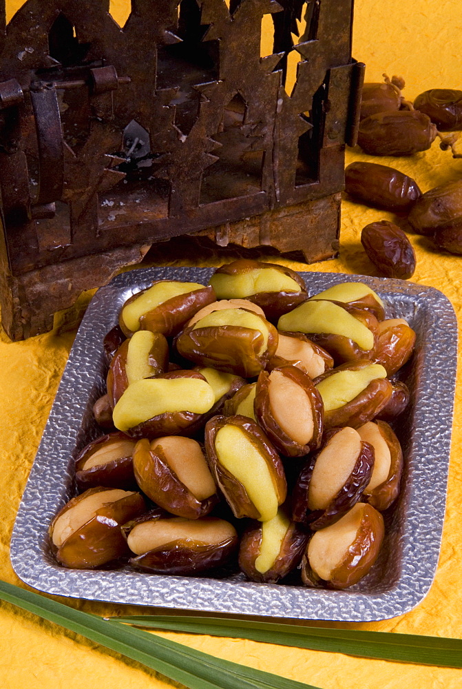 Arabic food, dates stuffed with almonds paste, Middle East