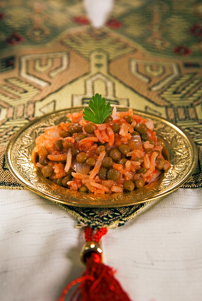 Egyptian food, kosheri, lentils, rice and tomatoes, Egypt, North Africa, Africa