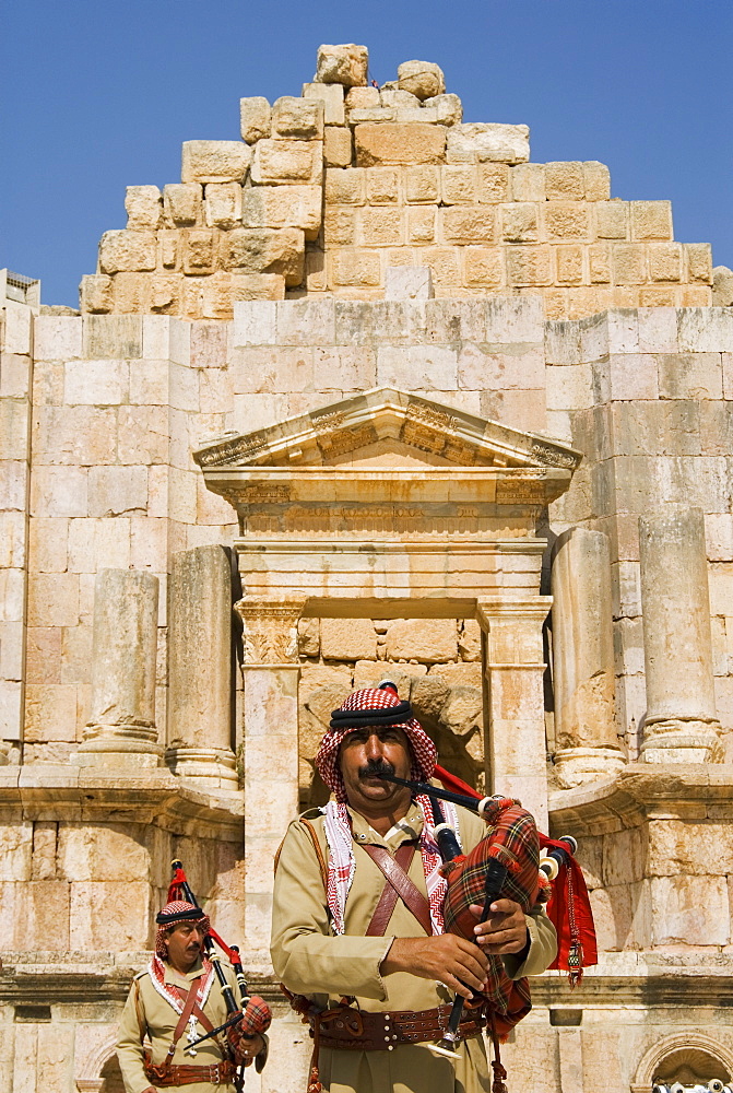 Retired military band, South Theatre, Jerash (Gerasa), a Roman Decapolis city, Jordan, Middle East