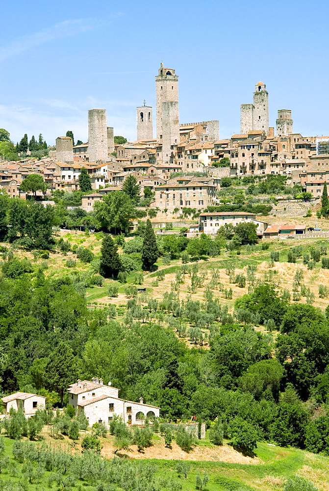 View to town across agricultural landscape, San Gimignano, UNESCO World Heritage Site, Tuscany, Italy, Europe